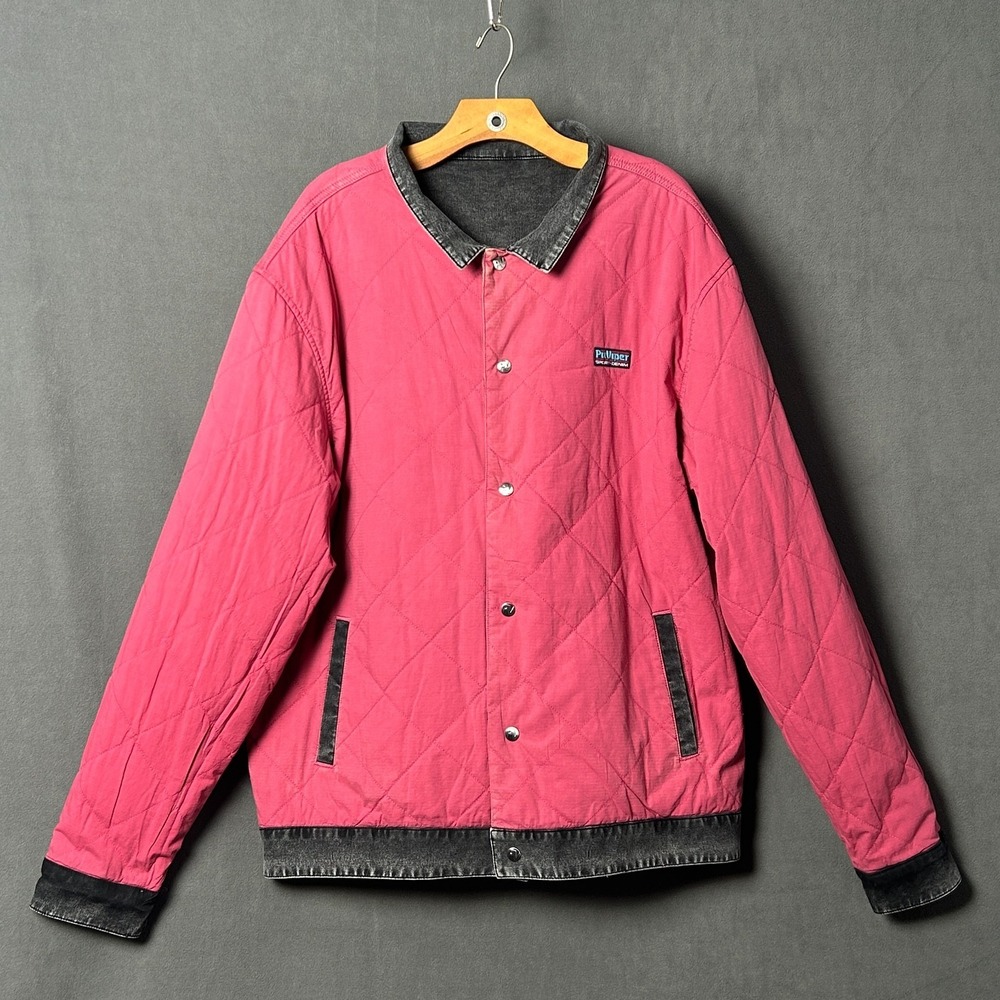Pit Viper Reversible Denim Trucker Jacket Mens 2XL Black Red Acid Wash Button - Picture 3 of 8